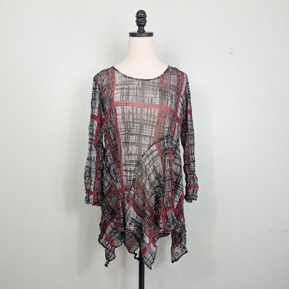 Mesh Top S Red Black Y2K Vintage Whimsigoth Comfy Loose Sheer Plaid Sleeve - Picture 4 of 9
